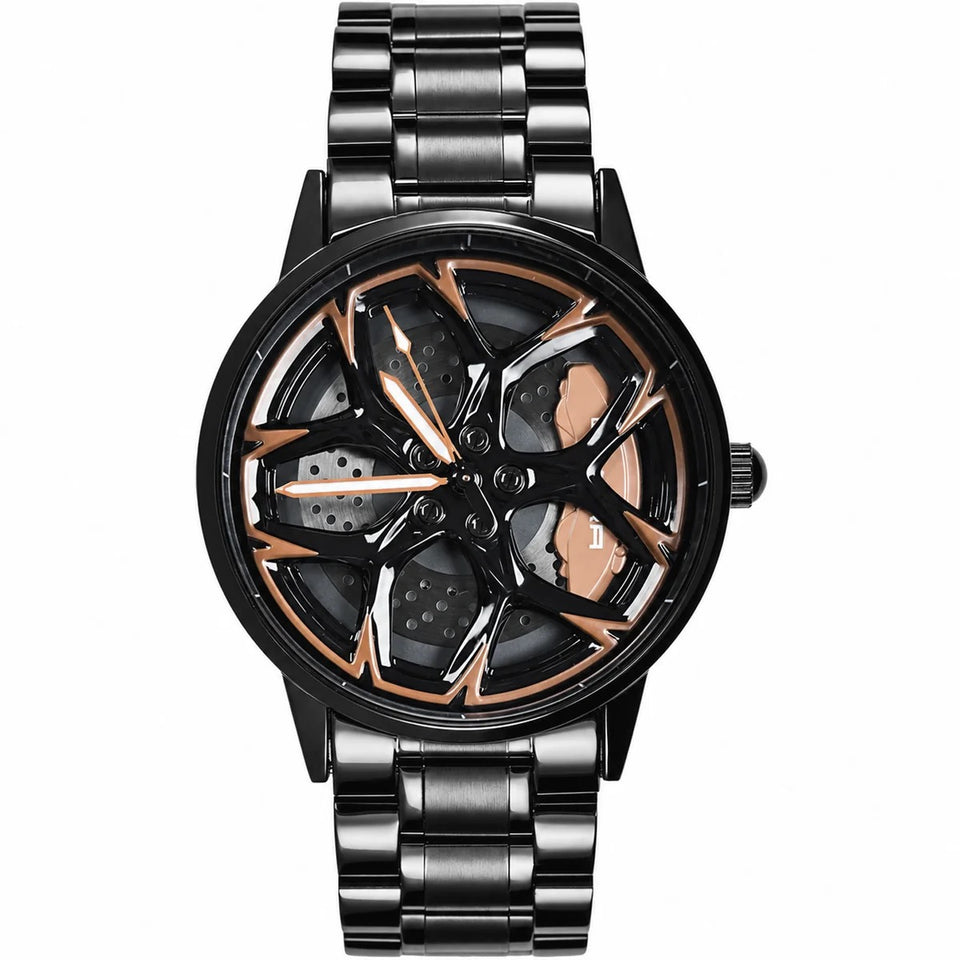 Reloj RNF de caja y brazalete negros, esfera de llanta negra con detalles y pinza en color bronce. Fotografía frontal.